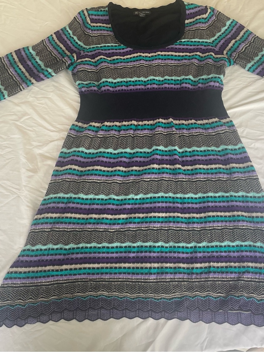 Striped Knit Fit-and-Flare Dress in Teal & Purple